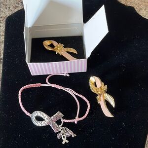 Pink and Gold Awareness Ribbon Bracelet and Pin Set